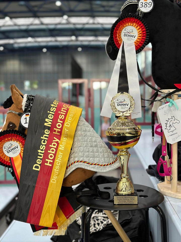 Hobby Horses mit deutschen Meisterschafts-Schleifenbändern, Rosetten und einem goldenen Pokal