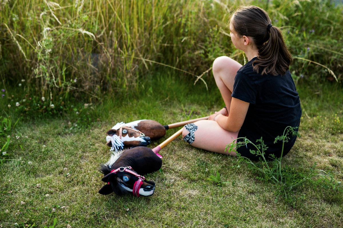 Une fille assise dans l'herbe à côté de deux Hobby Horses portant des licols