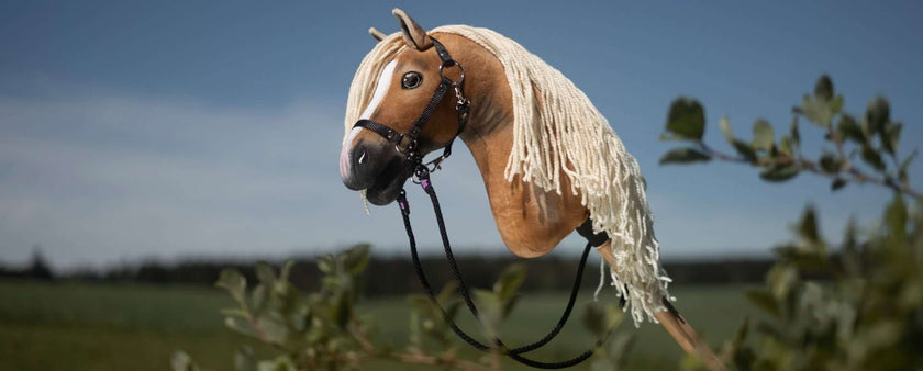 A tan and white plush hobby horse, perfect for Hobby Horsing, features a yarn mane and bridle. It’s held outdoors against a blurred blue sky and green landscape, with leaves from a nearby plant visible in the foreground.