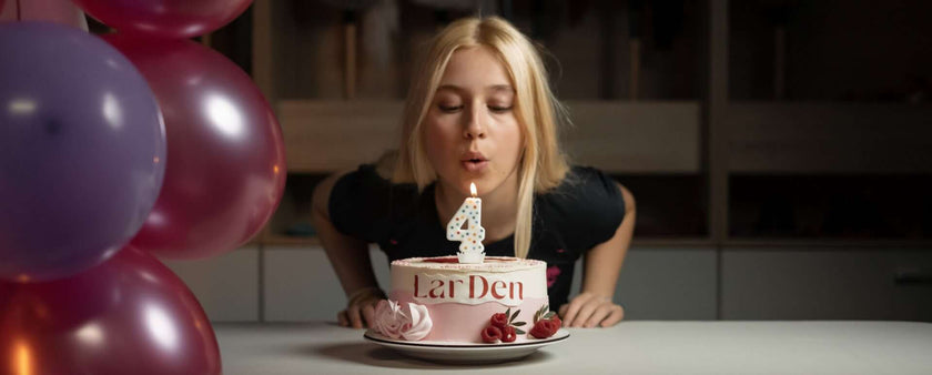 A blonde woman blows out a number 4 candle on a birthday cake with LarDen written on it. Pink balloons are on the left, cherries decorate the cake, and a Hobby Horse rests nearby, hinting at her passion for Hobby Horsing.