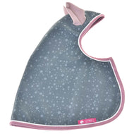 The Raincoat Best by Hobby Horse LarDen is a gray baby bib with a light blue bubble pattern, pink trim, and a pink label. It’s all-weather and features an easy snap closure at the top.
