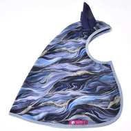 The Hobby Horse LarDen Raincoat Galaxy Cobalt features a blue, black, and silver marble pattern with navy ear cover and light gray trim, designed to protect your hobby horse’s head and neck. Shown flat on a white background.