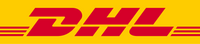DHL logo featuring bold red letters DHL with three horizontal red stripes on each side, set against a bright yellow background, reminiscent of the vibrant energy found at a Hobby Horsing event.