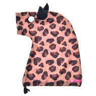 The Hobby Horse LarDen "Glamour" protective suit is a pink and brown leopard-print lycra hood with black ears and drawstring, ideal for costume lovers, animals, or hobby horse fans who want playful style and protection.