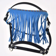 The Hobby Horse LarDen Halter black with blue fringes is a leather accessory for hobby horses, featuring a multicolored band along the top and displayed against a white background.