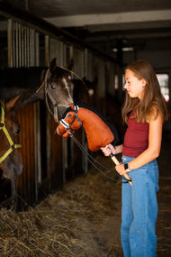 Ein Mädchen in dunkelrotem Oberteil steht in einer Stallgasse und hält das Hobby Horse Rocky von Hobby Horse LarDen, während echte Pferde aus ihren Boxen schauen – fuchsbrauner Plüschkopf, weiße Blesse, schwarze Garnmähne – mit komplettem schwarzem Zaumzeug mit Fell und Zügeln