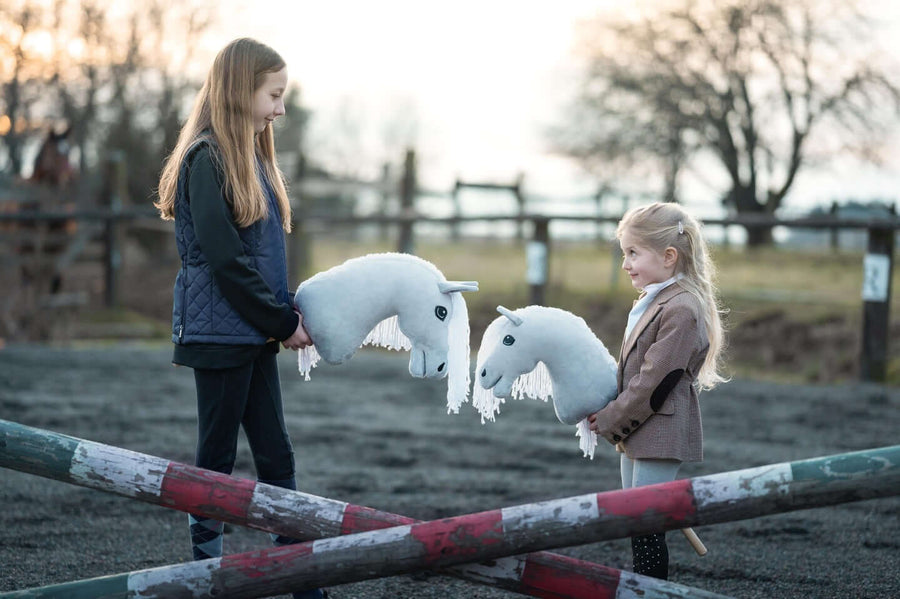 Zwei Kinder mit weißen Hobby Horses neben bemalten Hindernissen in einer Außenarena