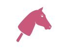 Eine einfache rosa Silhouette eines Pferdekopfes an einem Stock, die an ein klassisches Spielzeug-Hobby Horse erinnert, vor weißem Hintergrund.