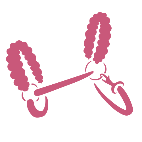 Einfache rosa Illustration eines Pferdegebisses mit an beiden Seiten befestigten geflochtenen Zügeln, vor schlichtem weißem Hintergrund.