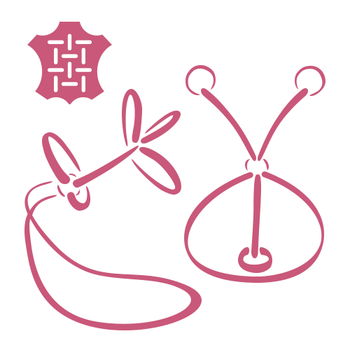 Minimalistische rosa Linienzeichnung mit Diagrammen zum Binden von zwei Arten von Lederknoten, mit einem geflochtenen Ledersymbol in der oberen linken Ecke, alles auf hellgrauem Hintergrund.