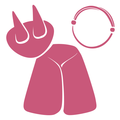 A simple pink abstract illustration resembling a stylized cat with pointy ears and a curled tail on a white background.