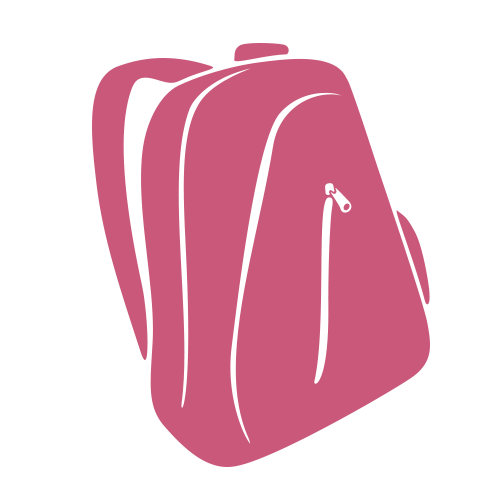 Illustration d'un sac à dos rose avec une poche zippée visible et des bretelles, sur un fond gris clair.