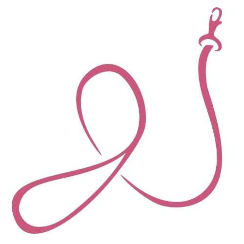 A simple pink drawing of a dog leash with a metal clasp, arranged in loose loops on a white background.
