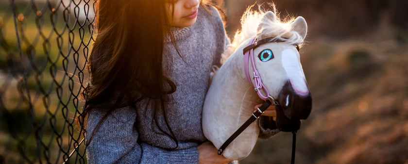 A person in a gray sweater holds a plush Hobby Horse with a bridle and big blue eyes, standing outdoors near a wire fence in warm sunlight, capturing the spirit of Hobby Horsing.