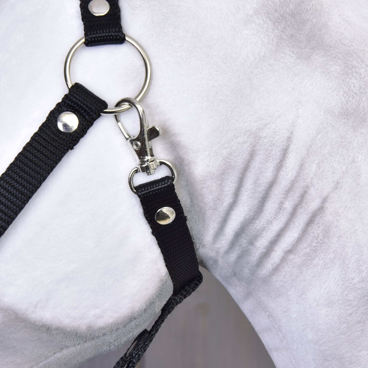 Gros plan sur Hobby Horse Elektra avec licol noir de Hobby Horse LarDen, mettant en valeur les ferrures sécurisées du licol noir et le travail de fabrication détaillé, rappelant le harnachement utilisé pour une jument lipizzane.