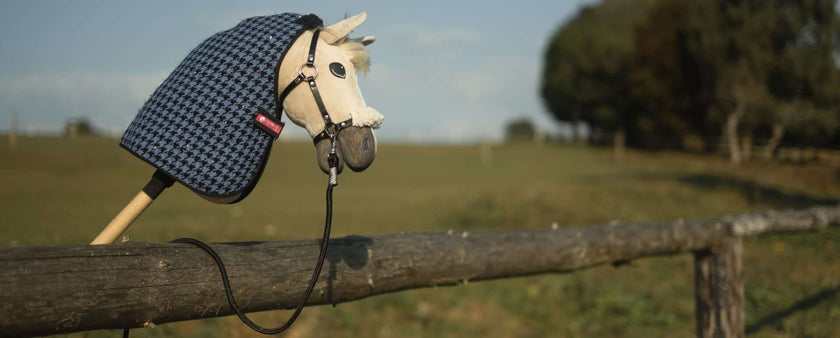 A toy Hobby Horse with a blue and black checkered covering rests on a wooden fence in a grassy field, perfect for fans of Hobby Horsing amid the trees in the background.