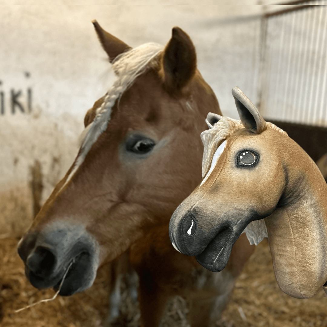 Un cheval marron à crinière blanche se tient dans une écurie à côté de la peluche « Hobby Horse personnalisé d'après votre photo » de Hobby Horse LarDen, au design assorti. L’arrière-plan montre des barreaux d’écurie et un mur.