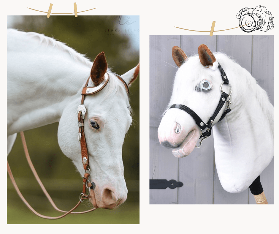 Des images côte à côte montrent à gauche un cheval blanc avec des oreilles marron portant une bride, et à droite une peluche réaliste « Hobby Horse personnalisé d'après votre photo » de Hobby Horse LarDen, tous deux tournés vers la gauche.