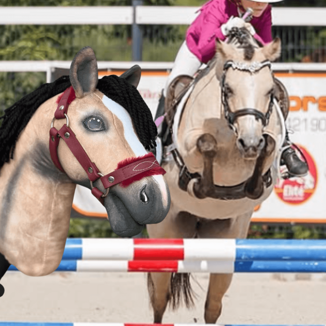 Une personne en t-shirt rose saute avec un « Hobby Horse personnalisé d'après votre photo » de Hobby Horse LarDen par-dessus un obstacle rouge, blanc et bleu pendant une compétition. Un gros plan sur la tête du cheval personnalisé apparaît au premier plan.