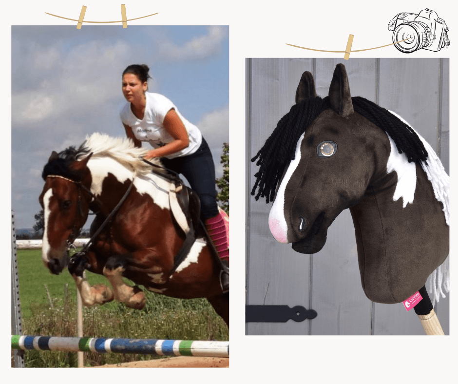 Image divisée : à gauche, une femme saute avec un cheval peint ; à droite, « Hobby Horse personnalisé d'après votre photo » de Hobby Horse LarDen, un cheval sur bâton personnalisé avec crinière noire en fil et marques blanches et marron.