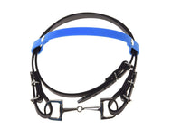 The Bridle with Blue Headband (size S) by Hobby Horse LarDen is a black and blue synthetic bridle with a metal bit, adjustable straps, silver buckles, a changeable browband, and detachable reins, shown flat on a white background.