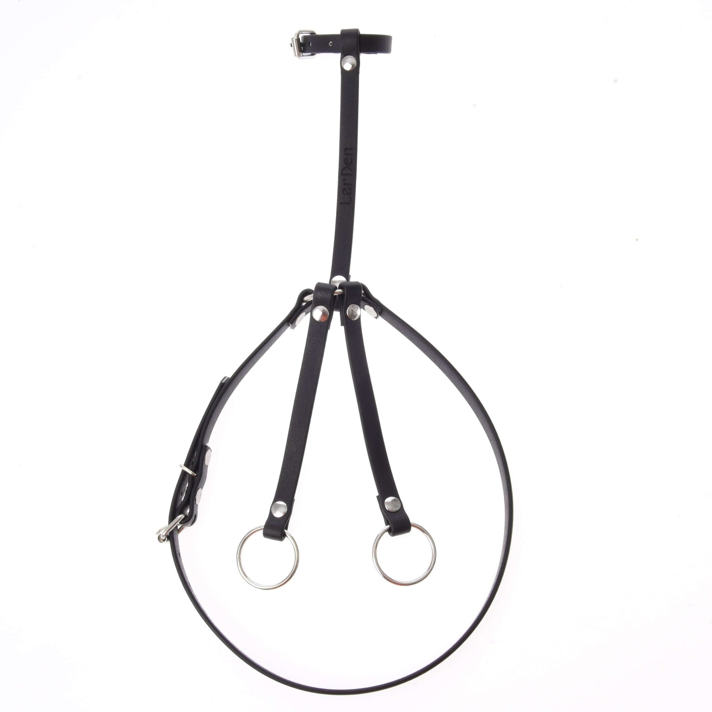 Martingale noir de Hobby Horse LarDen, harnais à sangles noir en cuir avec boucles réglables et deux anneaux métalliques, présenté à plat sur fond blanc.