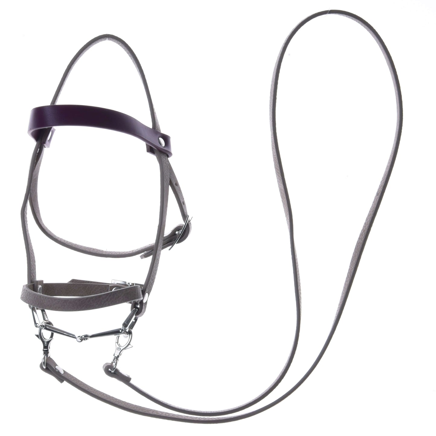 The Hobby Horse LarDen Bordeaux leatherette set includes a bridle, reins, and martingale with silver-tone buckles, shown against a white background.