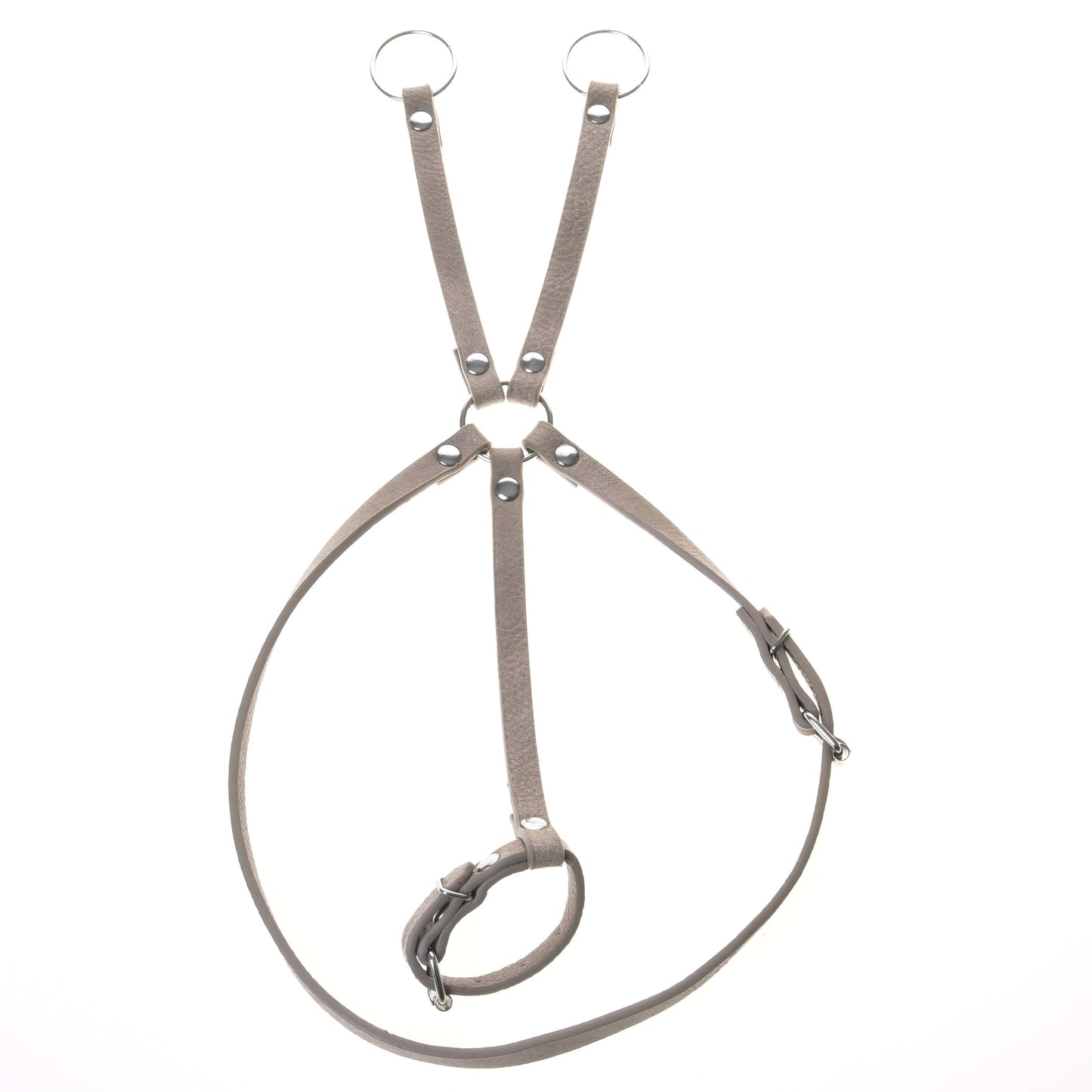 The Bordeaux leatherette set by Hobby Horse LarDen, including a bridle, reins, and martingale with metal rings, rivets, adjustable straps, and buckle closures, is displayed against a white background.