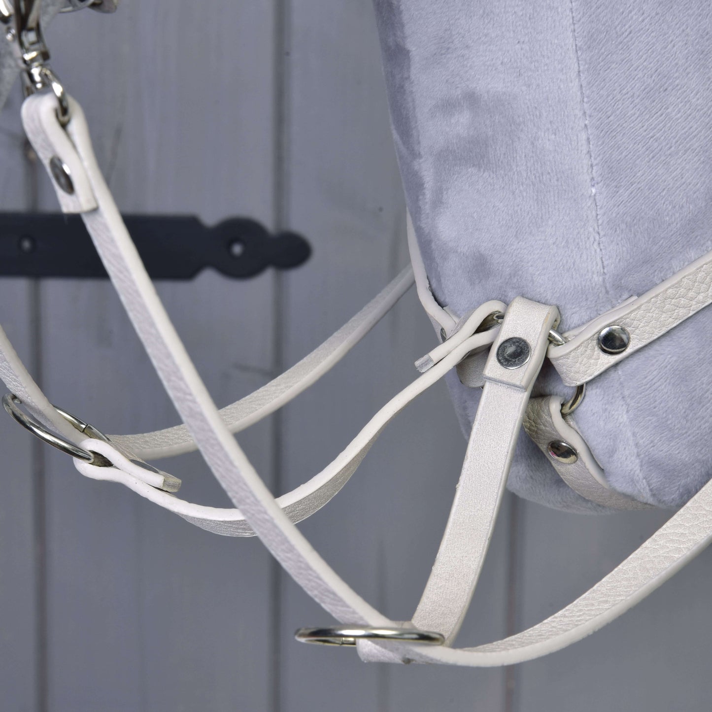 Gros plan sur un Hobby Horse gris clair portant l’ensemble similicuir Aqua - bride, rênes et martingale de Hobby Horse LarDen, avec boucles métalliques sur fond en bois gris clair, idéal pour les passionnés.