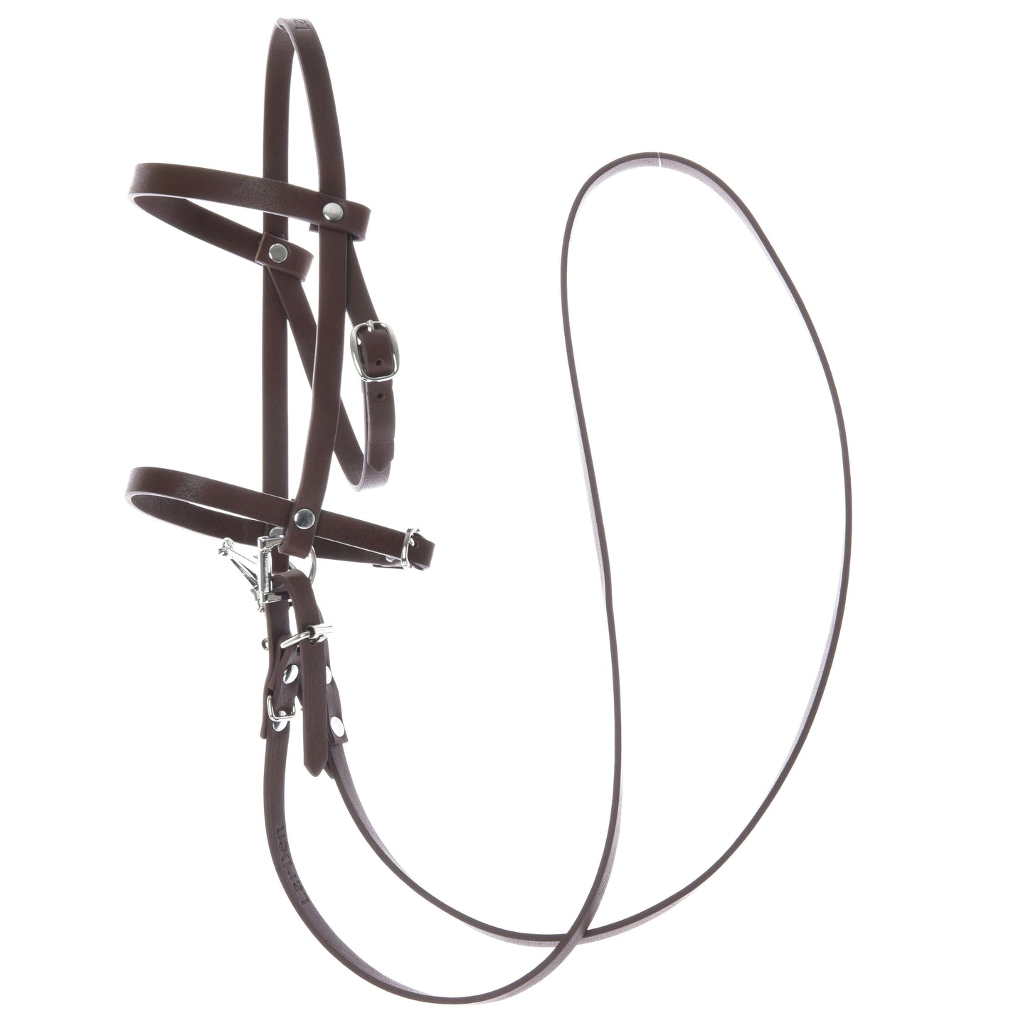 The Hobby Horse LarDen Complete bridle with noseband Brown features metal buckles and rings, designed for hobby horse riders, and is shown against a white background.