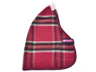 The Stable Blanket Christmas by Hobby Horse LarDen features a red and green plaid design, white fleece trim, and a pink side label—perfect for horse training and added protection.