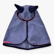 Raincoat Bloom by Hobby Horse LarDen is a light purple pet cape with two pointed dark purple horns on the hood, pink trim, and a pink Lucifern tag—perfect for adding flair to your hobby horse accessories.
