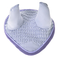 The Ear bonnet crocheted Candy by Hobby Horse LarDen is a light purple, heart-shaped fabric piece with two pointed, ear-like tops and a textured center—ideal for playful style and insect protection.