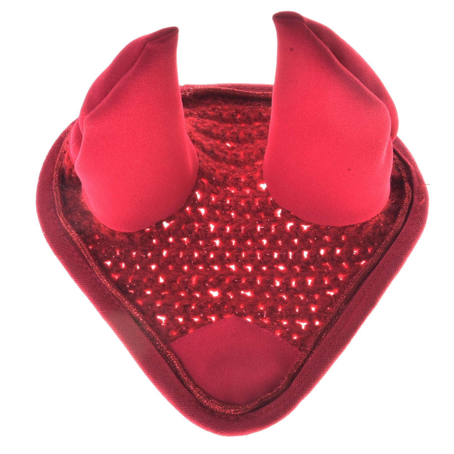 Die Hobby Horse LarDen „Ohrenkappe gehäkelt rot“ ist ein rotes herzförmiges Stirnband mit zwei weichen, aufrecht stehenden Teufelshörnern und einer funkelnden Paillettenmitte, inspiriert von einem gehäkelten Design, vor weißem Hintergrund.