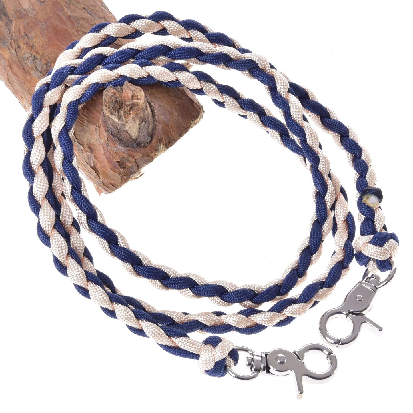 Rênes Cremo/Bleu de Hobby Horse LarDen, corde tressée en polypropylène bleue et beige avec mousquetons métalliques aux deux extrémités, idéales pour une utilisation comme rênes faites main ou pour Hobby Horse.