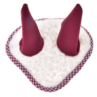 The Hobby Horse LarDen Ear Bonnet Cube Red is a white, heart-shaped plush with red gingham trim and two tall burgundy cones, resembling a whimsical hobby horse ear bonnet.
