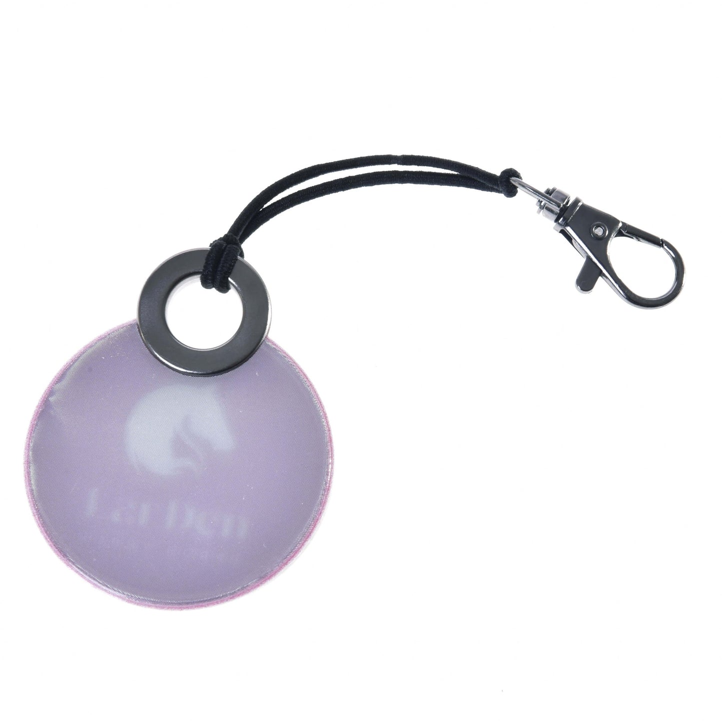 Porte-clés rond LarDen violet réfléchissant de Hobby Horse LarDen avec boucle élastique noire, fermoir métallique et discret logo tête de chat avec texte « Cat Den », idéal pour les fans de Hobby Horsing.