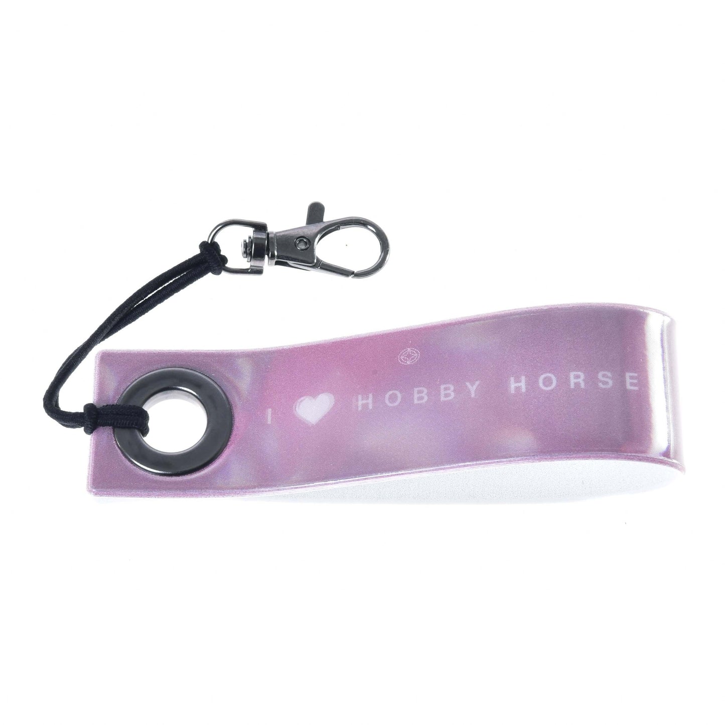 Porte-clés LarDen de Hobby Horse LarDen, accessoire rose avec anneau métallique, cordon noir et fermoir argenté. Il porte l’inscription « I ♥ HOBBY HORSE » en blanc, idéal pour tout fan de Hobby Horsing.