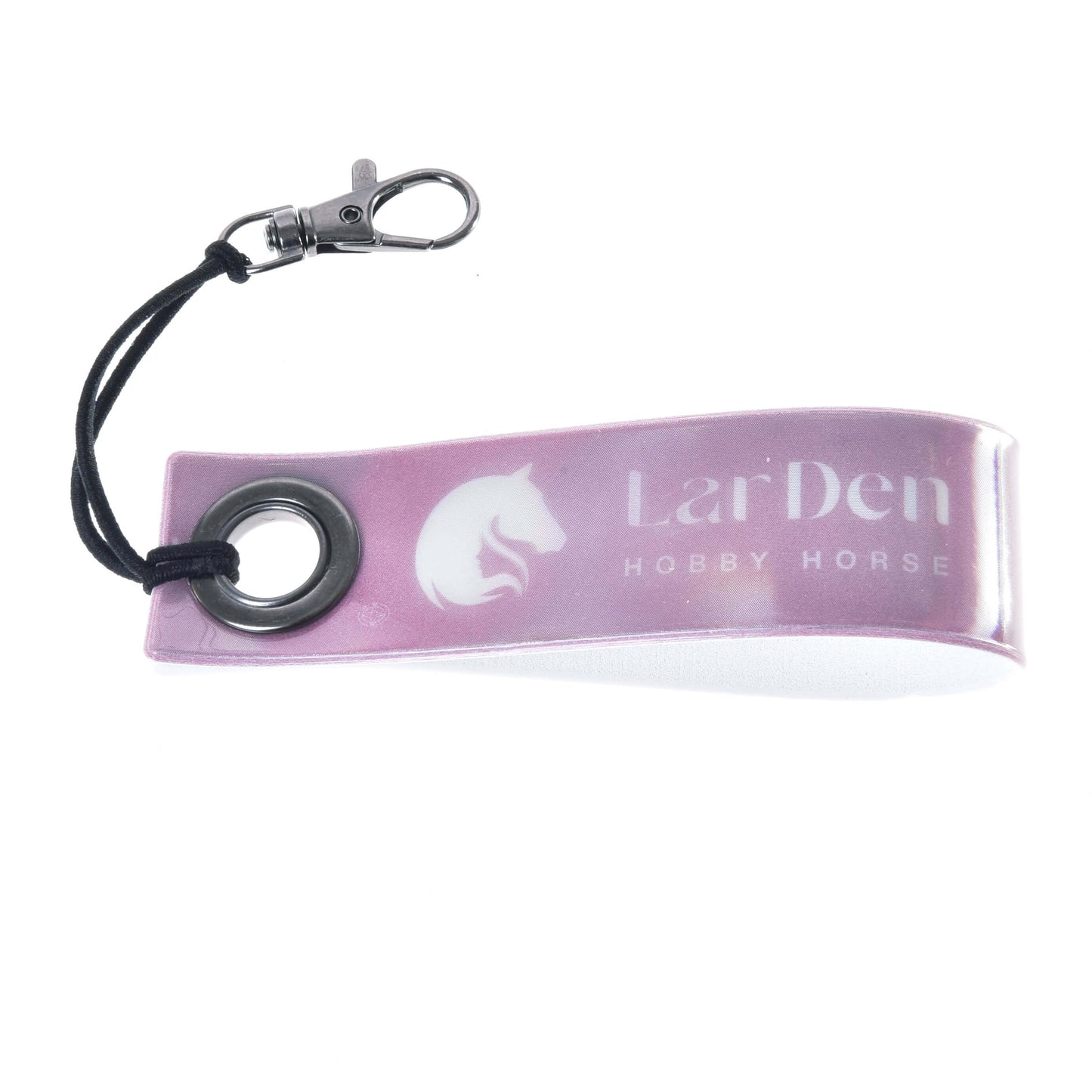 Porte-clés LarDen rose et blanc de Hobby Horse LarDen, avec œillet métallique, cordon noir, fermoir argenté, logo tête de cheval et texte « LarDen HOBBY HORSE », idéal pour tout fan de Hobby Horsing.