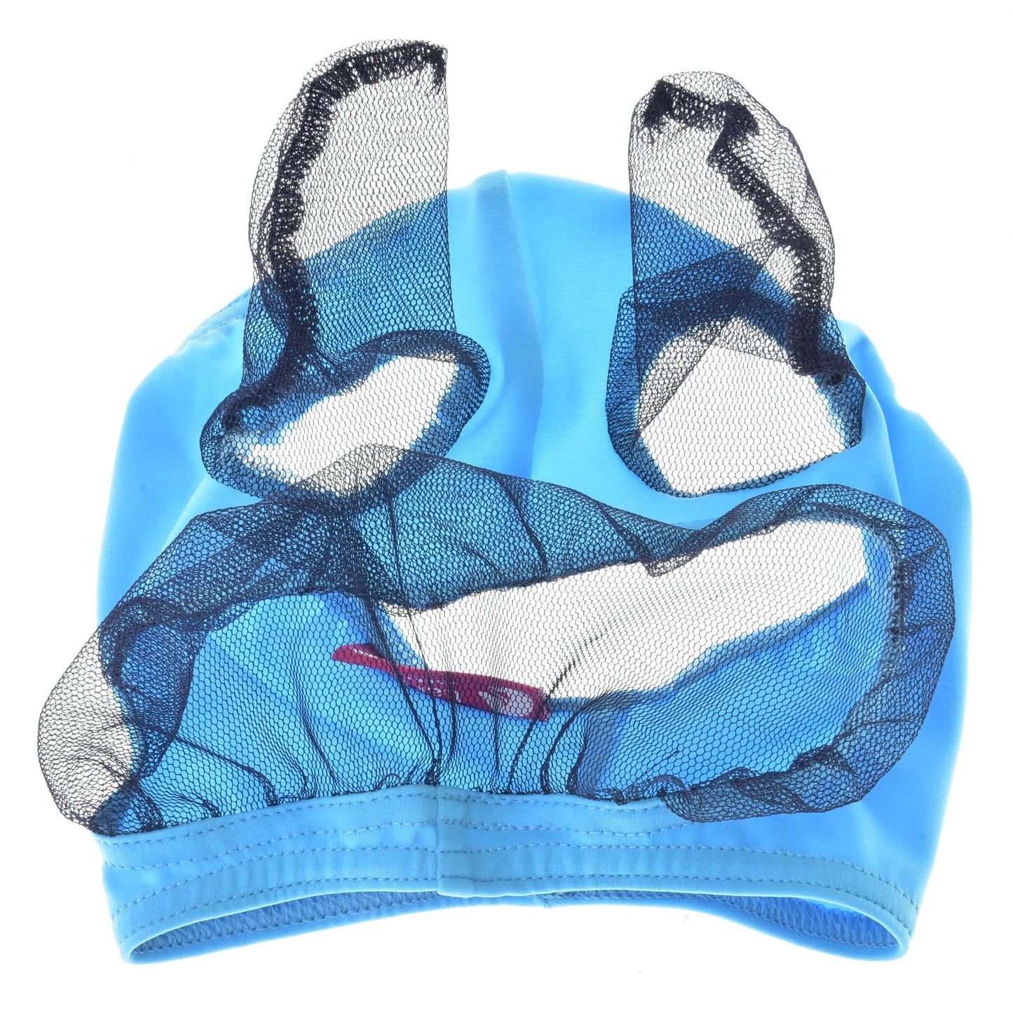Fliegenmaske von Hobby Horse LarDen mit blauem Stoff, zwei Hasenohren aus Mesh und einem ovalen Nasenpatch aus Mesh oben, im Look eines Comic-Tiergesichts, für waschbaren Komfort und verspielten Schutz beim Schwimmen.