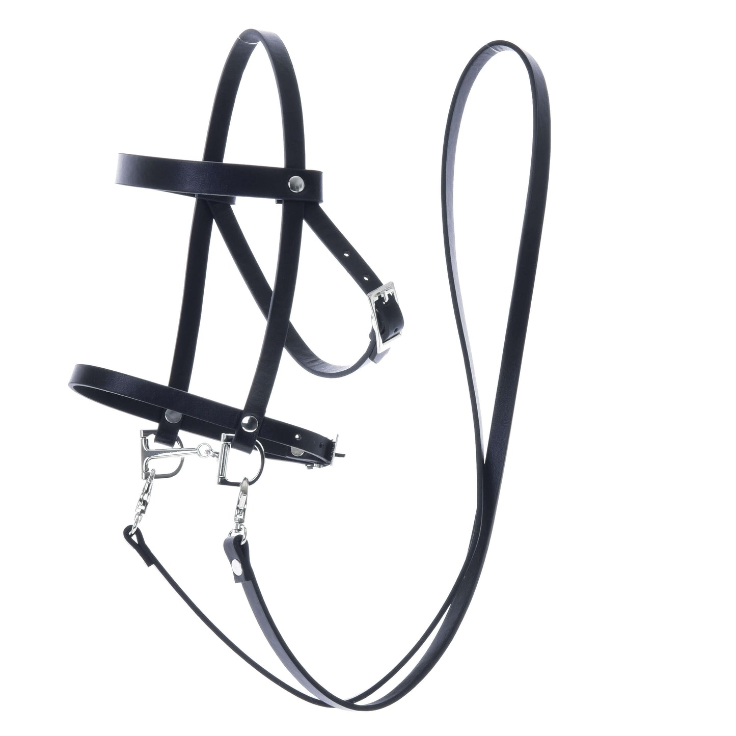 Das Set Basic von Hobby Horse LarDen ist ein schwarzes Lederzaumzeug mit Zügeln und silberfarbenen Beschlägen, vor weißem Hintergrund – eine klassische Wahl für jeden Reitsport- oder Hobby Horse-Fan.