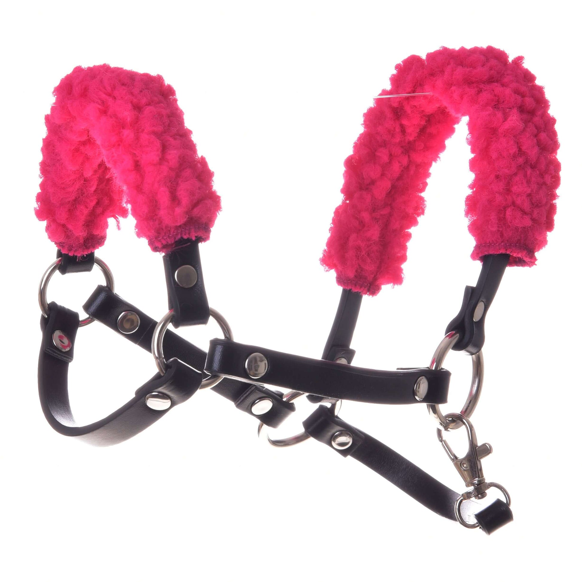 Schwarzes Halfter mit rosa Fell - Kunstleder
