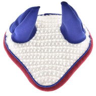 The Hobby Horse LarDen Ear bonnet crocheted Moody is a white, heart-shaped knit pad with a red border and two blue ear-like protrusions—perfect for fly protection or as a whimsical accessory for your hobby horse.