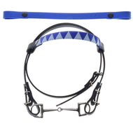 The Hobby Horse LarDen "Bridle with 2 Headbands Blue" (size M) features a blue and black design, silver bit, geometric blue-and-white padded interchangeable browband, and is shown with a matching blue strap on a white background.