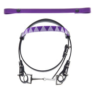 The Hobby Horse LarDen Bridle with 2 headbands purple (size M) features a silver bit, geometric diamond-patterned interchangeable browband, and is shown with a matching purple strap with two buttons.