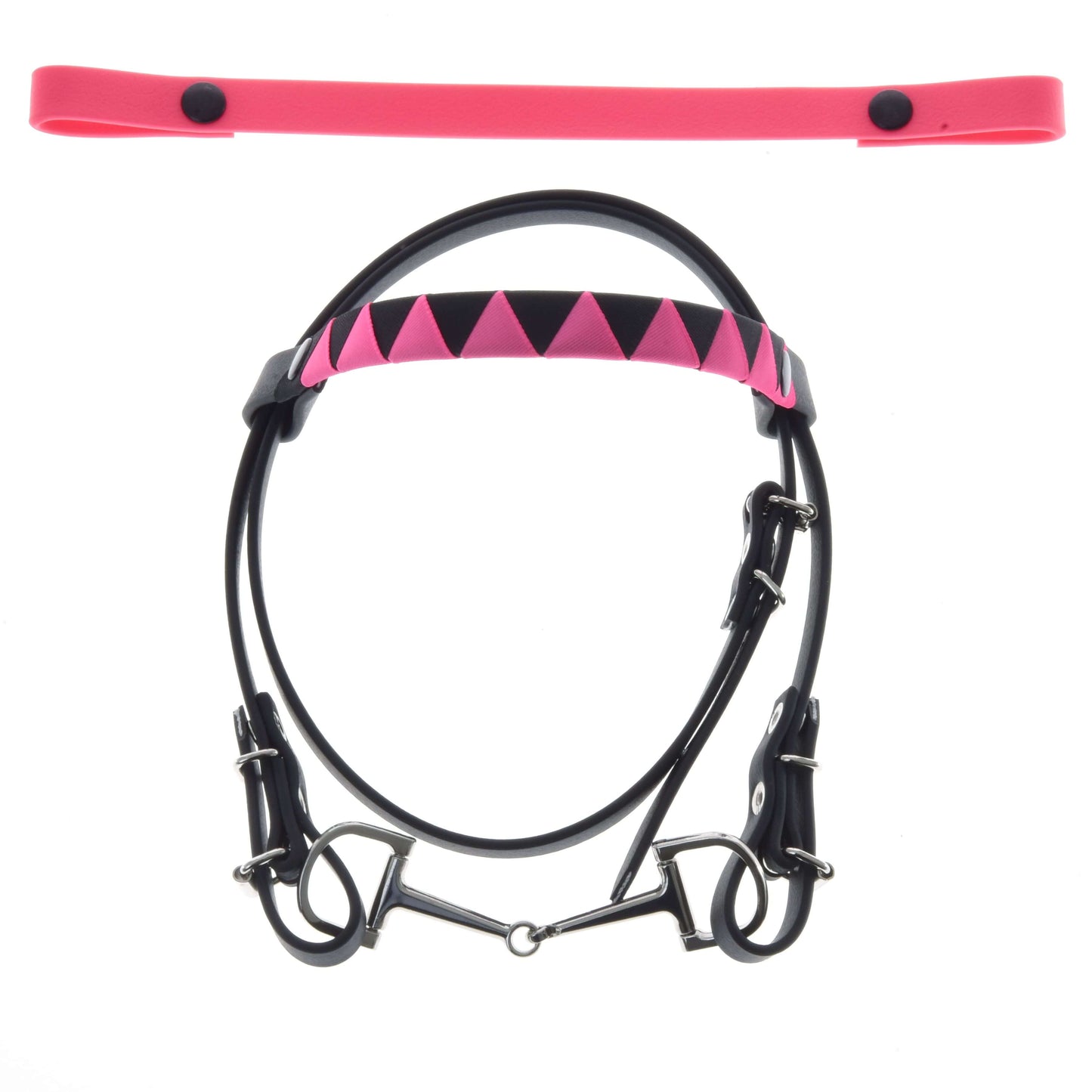 The Hobby Horse LarDen Bridle with 2 Headbands Pink (size M) features a black and pink design with silver bits and a geometric, changeable browband, shown alongside a matching pink strap on a white background.