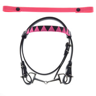 The Hobby Horse LarDen Bridle with 2 Headbands Pink (size M) features a black and pink design with silver bits and a geometric, changeable browband, shown alongside a matching pink strap on a white background.