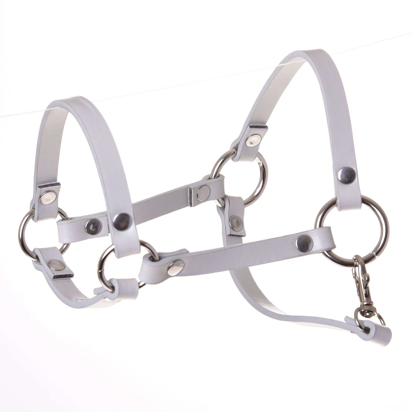 Licol - similicuir gris clair (taille S) de Hobby Horse LarDen, avec anneaux métalliques et rivets pour un look affirmé, parfait comme accessoire pour Hobby Horse. Présenté sur fond blanc uni.