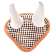 The Hobby Horse LarDen Ear Bonnet English Brown Plaid features a brown and white checkered pattern with two white cone-shaped ears and a light brown border, ideal for horse insect protection.