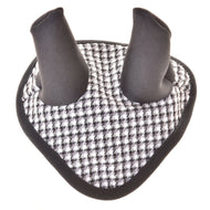The Hobby Horse LarDen Ear Bonnet English Black Plaid features a black and white plaid pattern with two upright extensions and a rounded triangular base, providing stylish insect protection for your horse.